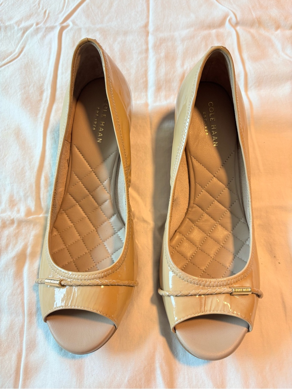 Cole Haan Nude Patent Peep-Toe Flats with Bow Accent